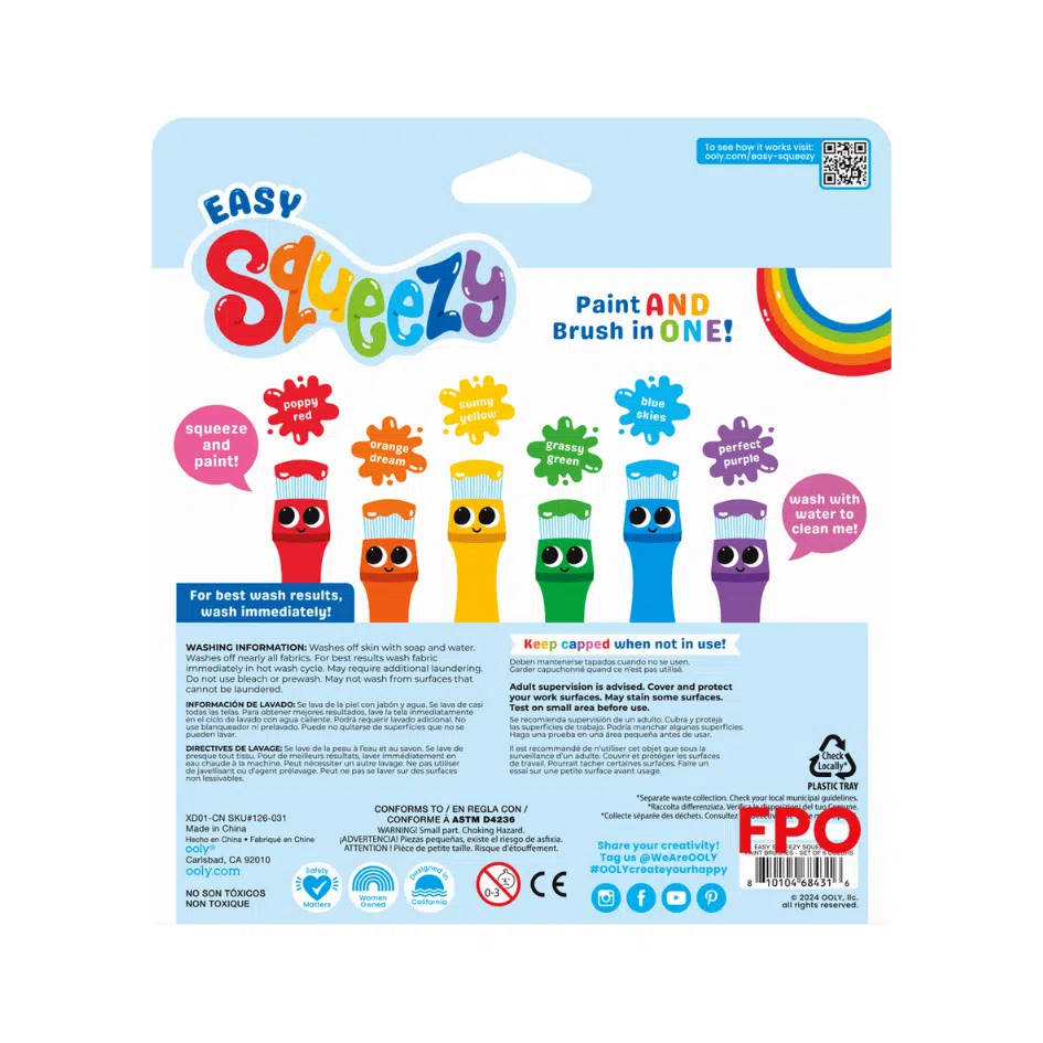Ooly - Easy Squeezy Squeezable Poster Paint Brushes – Set of 6 Colors